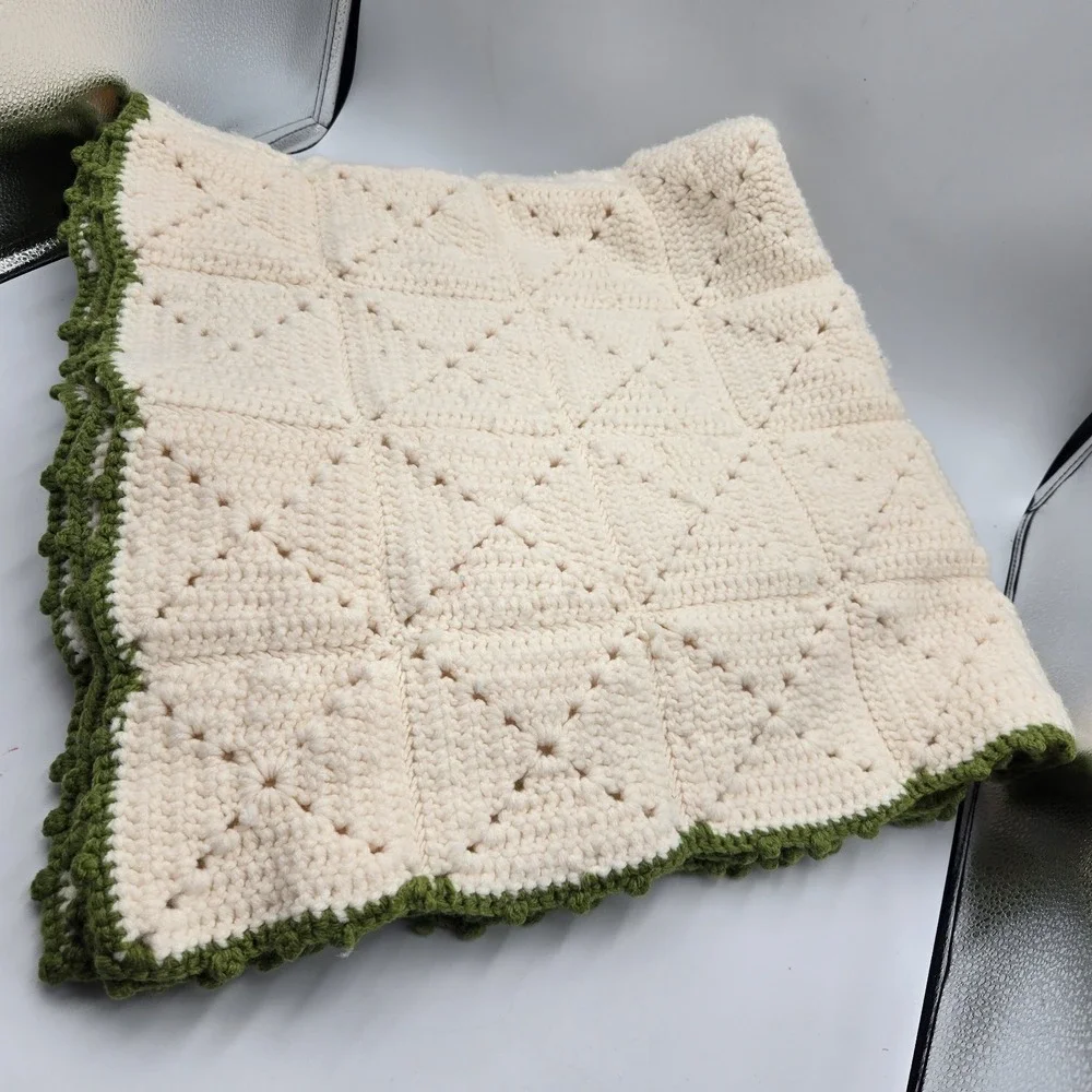 Vintage Cottagecore Granny Crochet Blanket Throw 69x36 Cream W Green Handmade